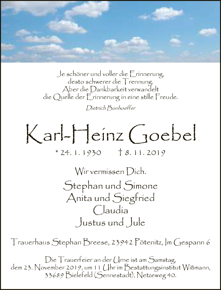  Traueranzeige für Karl-Heinz Goebel vom 16.11.2019 aus Neue Westfälische