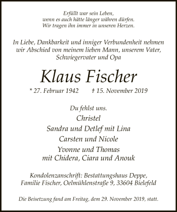 Traueranzeige von Klaus Fischer von Neue Westfälische