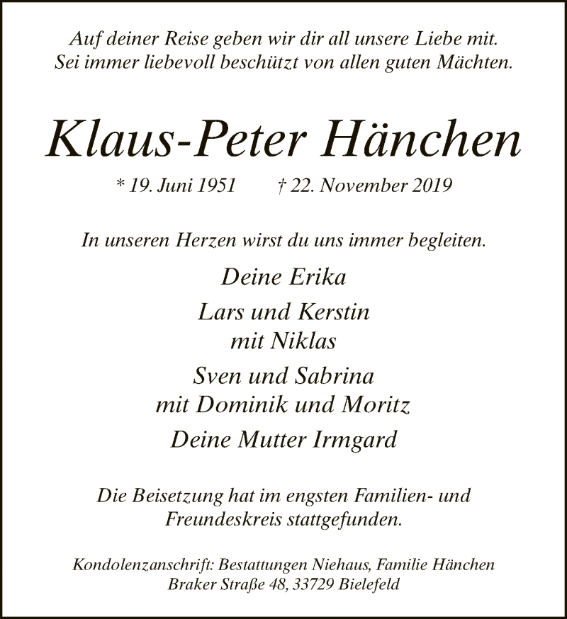  Traueranzeige für Klaus-Peter Hänchen vom 30.11.2019 aus Neue Westfälische