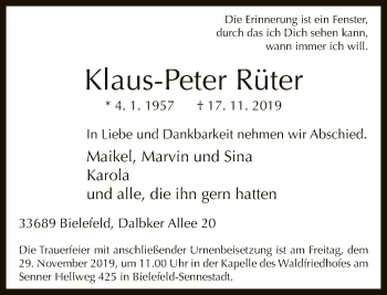 Traueranzeige von Klaus-Peter Rüter von Neue Westfälische