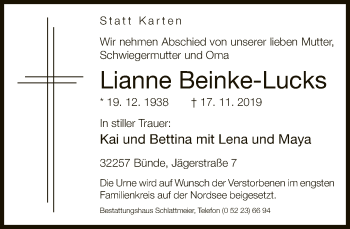 Traueranzeige von Lianne Beinke-Lucks von Neue Westfälische