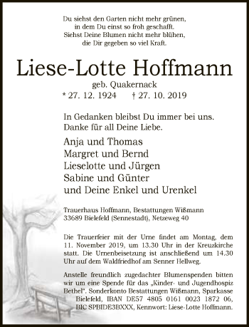 Traueranzeige von Liese-Lotte Hoffmann von Neue Westfälische