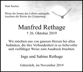Traueranzeige von Manfred Rethage von Neue Westfälische