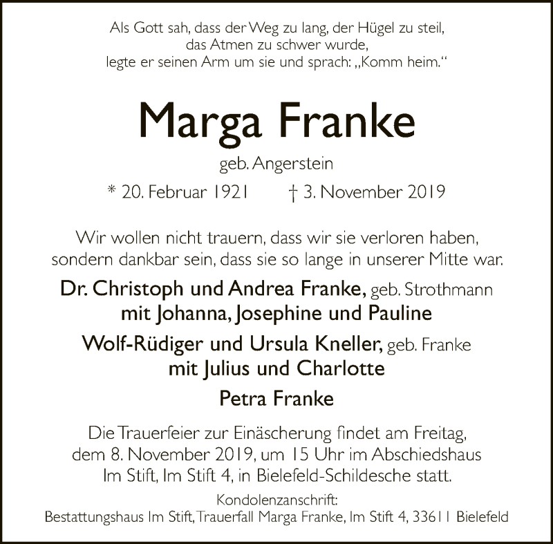  Traueranzeige für Marga Franke vom 06.11.2019 aus Neue Westfälische