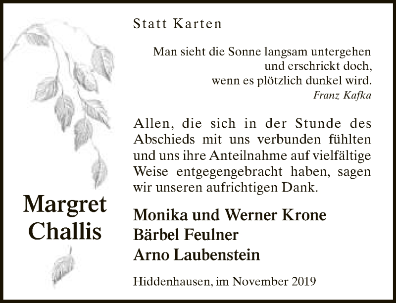  Traueranzeige für Margret Challis vom 23.11.2019 aus Neue Westfälische