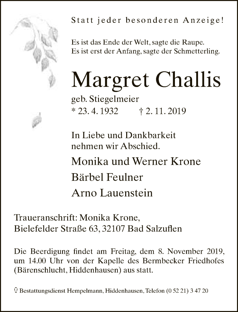  Traueranzeige für Margret Challis vom 04.11.2019 aus Neue Westfälische