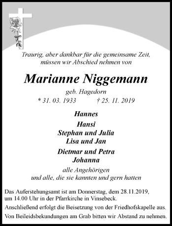 Traueranzeige von Marianne Niggemann von Neue Westfälische