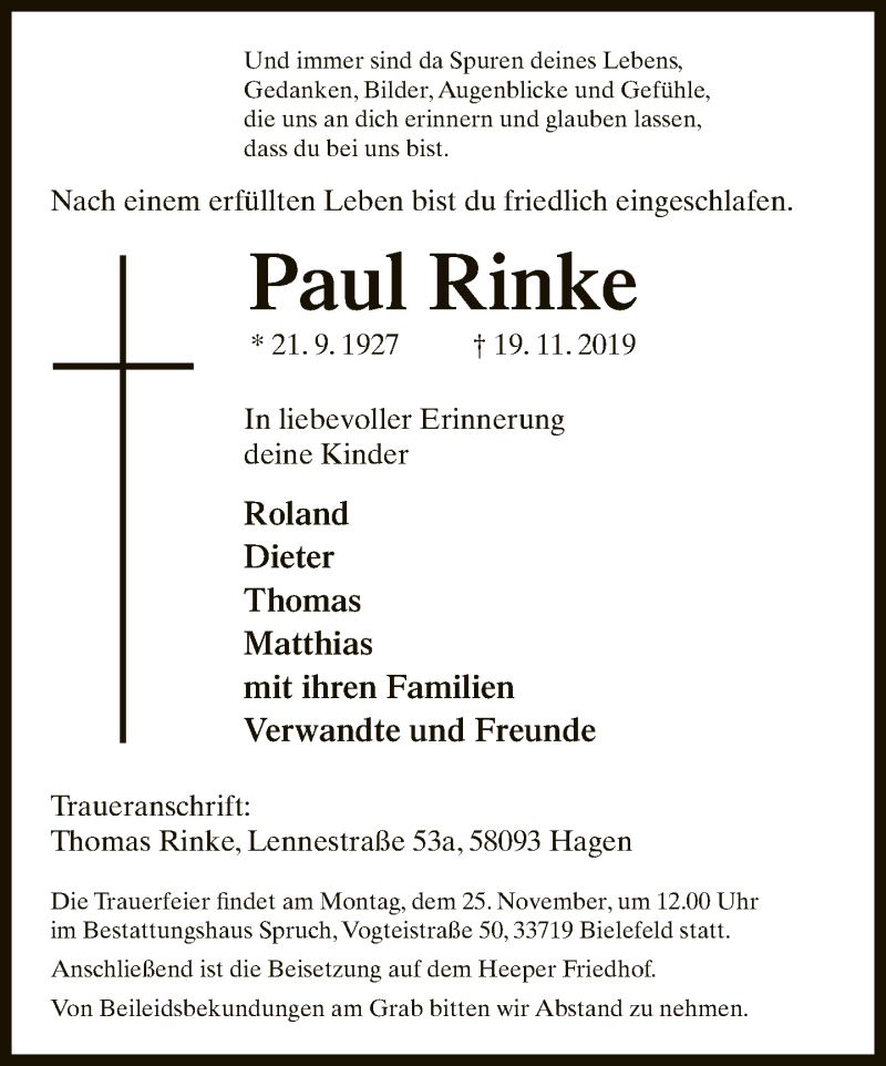  Traueranzeige für Paul Rinke vom 21.11.2019 aus Neue Westfälische