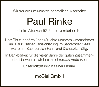 Traueranzeige von Paul Rinke von Neue Westfälische