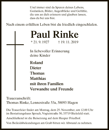 Traueranzeige von Paul Rinke von Neue Westfälische