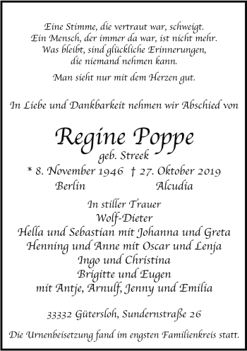 Traueranzeige von Regine Poppe von Neue Westfälische