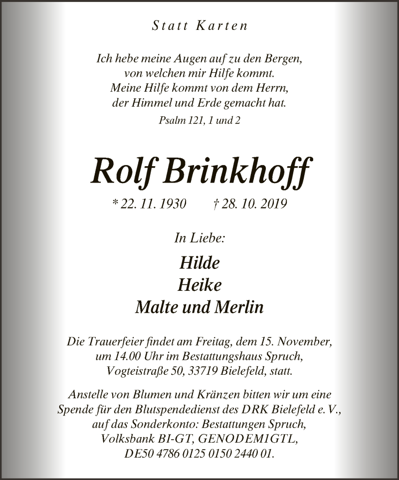  Traueranzeige für Rolf Brinkhoff vom 09.11.2019 aus Neue Westfälische