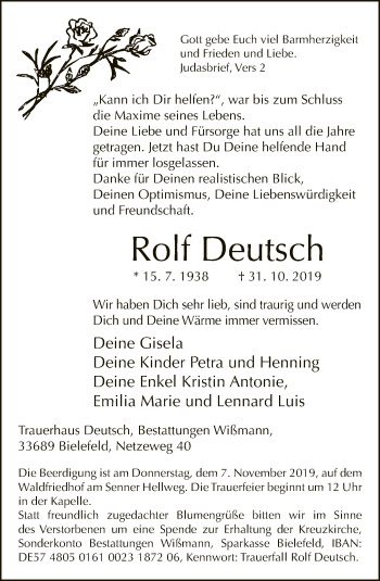 Traueranzeige von Rolf Deutsch von Neue Westfälische