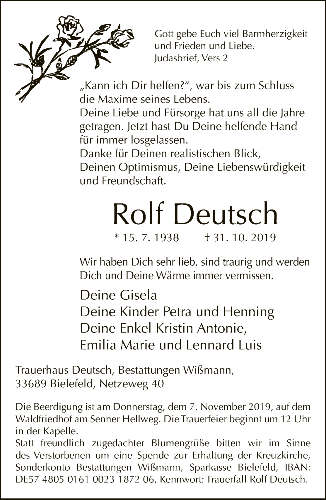  Traueranzeige für Rolf Deutsch vom 04.11.2019 aus Neue Westfälische