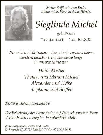 Traueranzeige von Sieglinde Michel von Neue Westfälische
