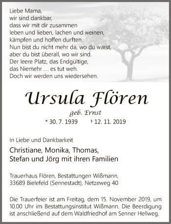 Traueranzeige von Ursula Flören von Neue Westfälische
