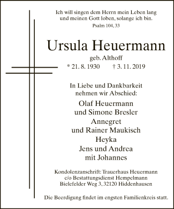 Traueranzeige von Ursula Heuermann von Neue Westfälische