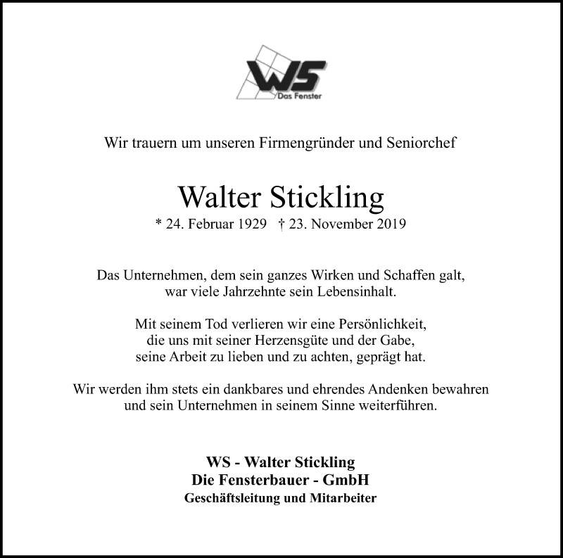  Traueranzeige für Walter Stickling vom 26.11.2019 aus Neue Westfälische