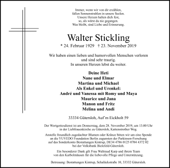 Traueranzeige von Walter Stickling von Neue Westfälische