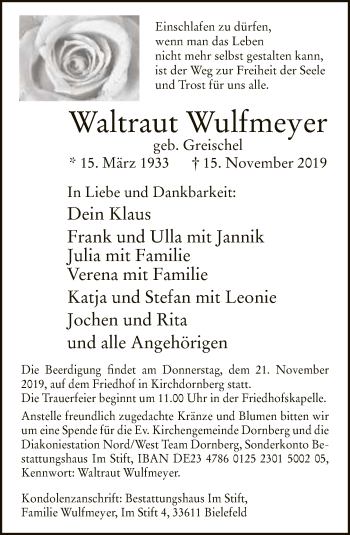 Traueranzeige von Waltraut Wulfmeyer von Neue Westfälische