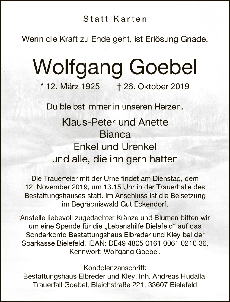  Traueranzeige für Wolfgang Goebel vom 01.11.2019 aus Neue Westfälische