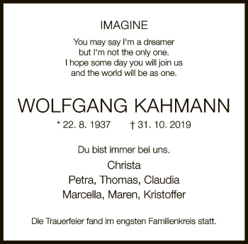 Traueranzeige von Wolfgang Kahmann von Neue Westfälische