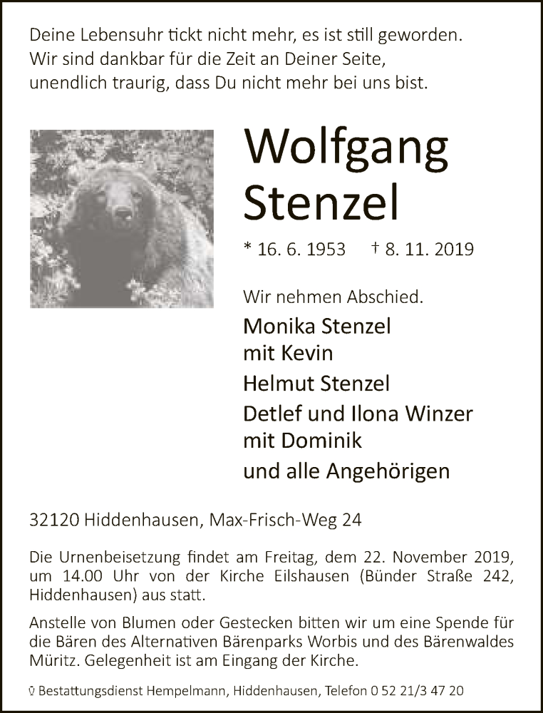  Traueranzeige für Wolfgang Stenzel vom 16.11.2019 aus Neue Westfälische
