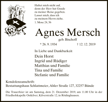 Traueranzeige von Agnes Mersch von Neue Westfälische