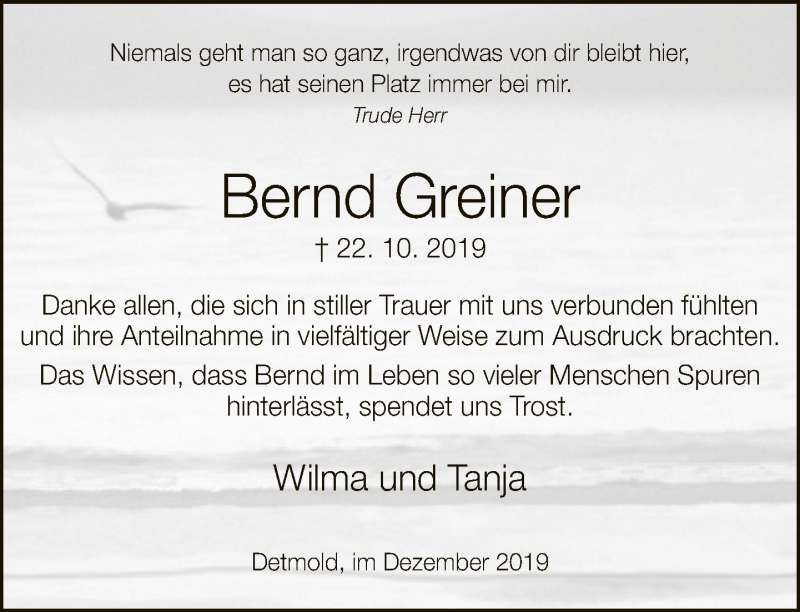  Traueranzeige für Bernd Greiner vom 07.12.2019 aus Neue Westfälische