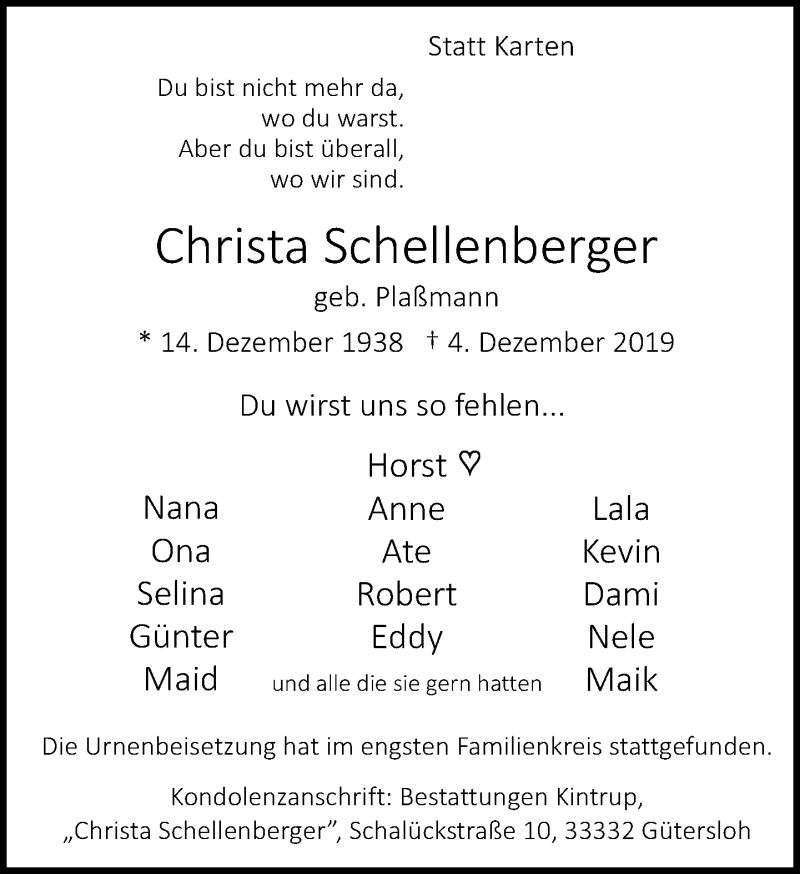  Traueranzeige für Christa Schellenberger vom 14.12.2019 aus Neue Westfälische