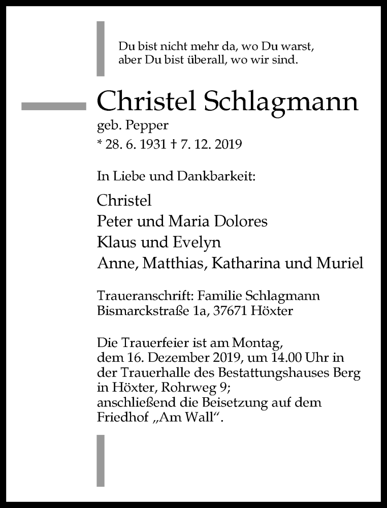  Traueranzeige für Christel Schlagmann vom 10.12.2019 aus Neue Westfälische