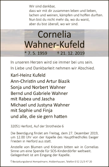 Traueranzeige von Cornelia Wahner-Kufeld von Neue Westfälische