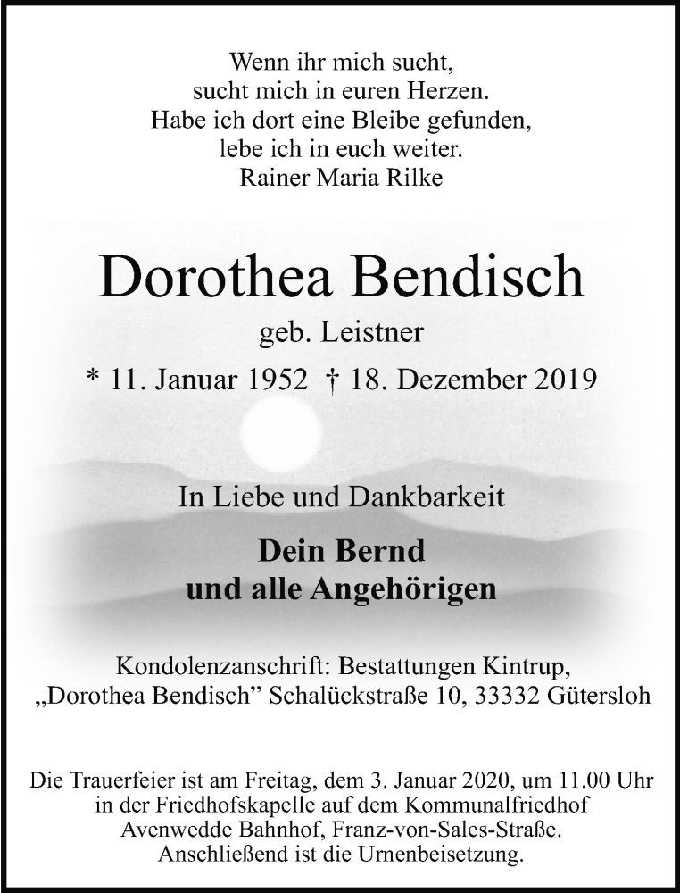  Traueranzeige für Dorothea Bendisch vom 21.12.2019 aus Neue Westfälische
