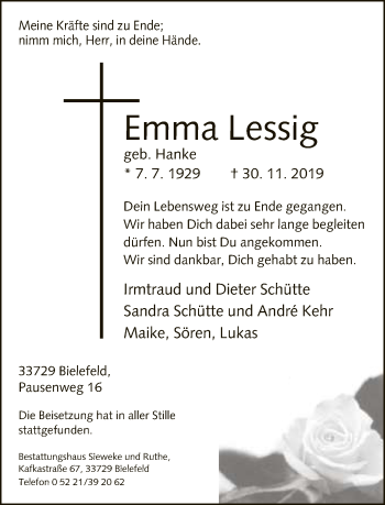 Traueranzeige von Emma Lessig von Neue Westfälische