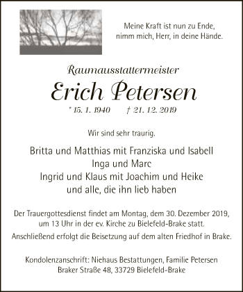 Traueranzeige von Erich Petersen von Neue Westfälische