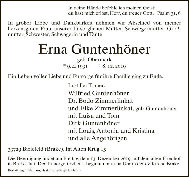  Traueranzeige für Erna Guntenhöner vom 10.12.2019 aus Neue Westfälische