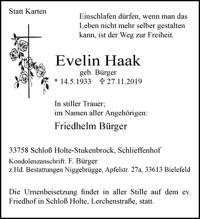  Traueranzeige für Evelin Haak vom 04.12.2019 aus Neue Westfälische