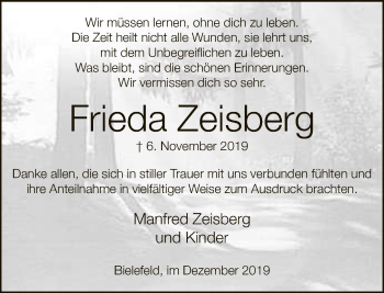 Traueranzeige von Frieda Zeisberg von Neue Westfälische
