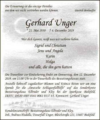 Traueranzeige von Gerhard Unger von Neue Westfälische