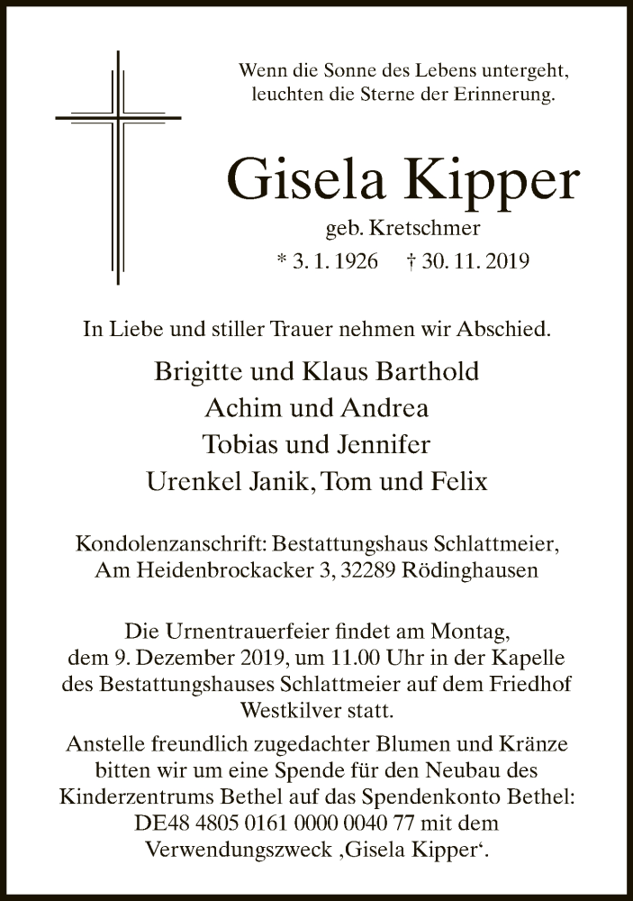  Traueranzeige für Gisela Kipper vom 04.12.2019 aus Neue Westfälische