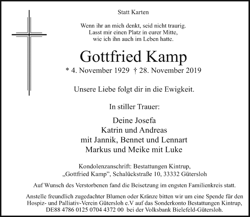  Traueranzeige für Gottfried Kamp vom 06.12.2019 aus Neue Westfälische