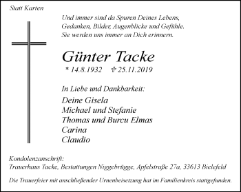 Traueranzeige von Günter Tacke von Neue Westfälische