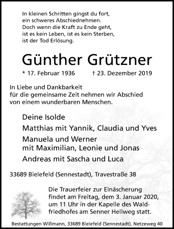 Traueranzeige von Günther Grützner von Neue Westfälische