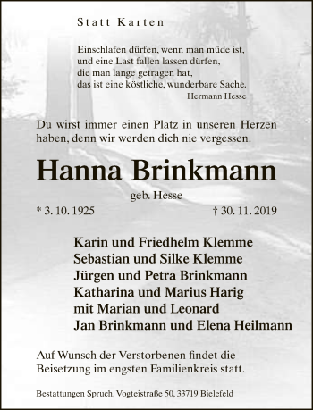 Traueranzeige von Hanna Brinkmann von Neue Westfälische