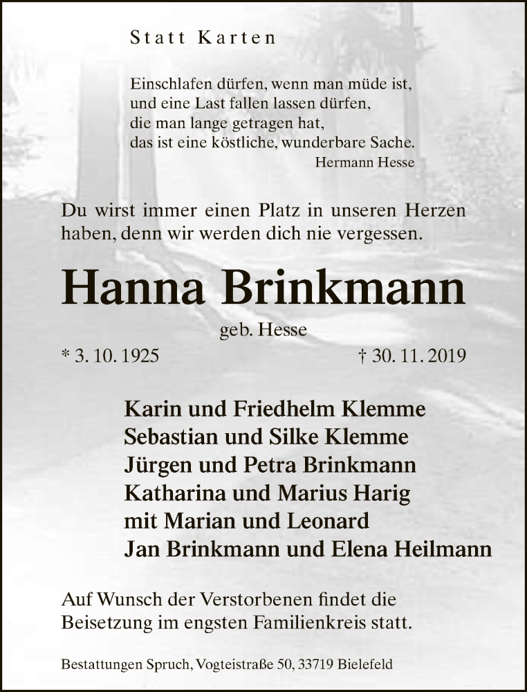 Traueranzeige für Hanna Brinkmann vom 07.12.2019 aus Neue Westfälische