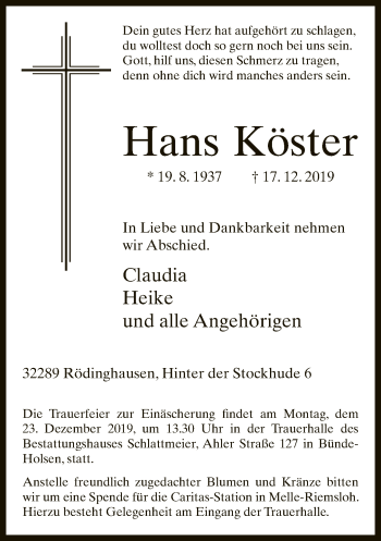 Traueranzeige von Hans Köster von Neue Westfälische