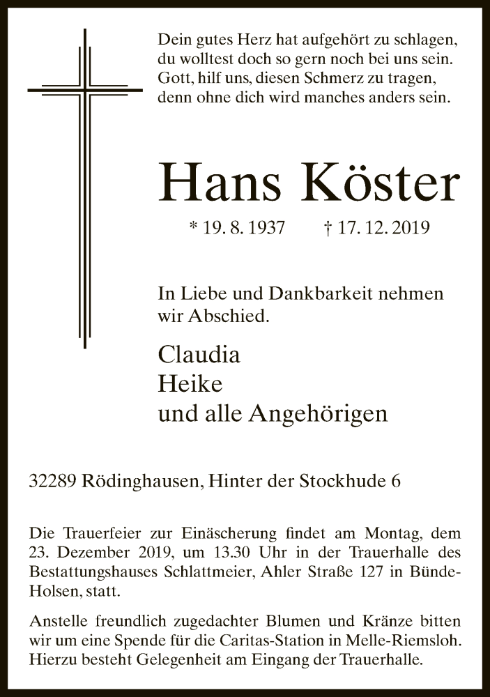  Traueranzeige für Hans Köster vom 21.12.2019 aus Neue Westfälische