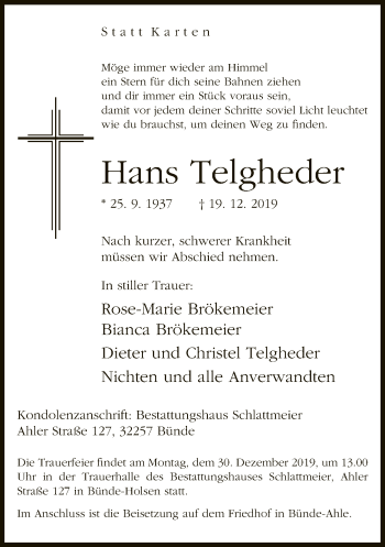 Traueranzeige von Hans Telgheder von Neue Westfälische
