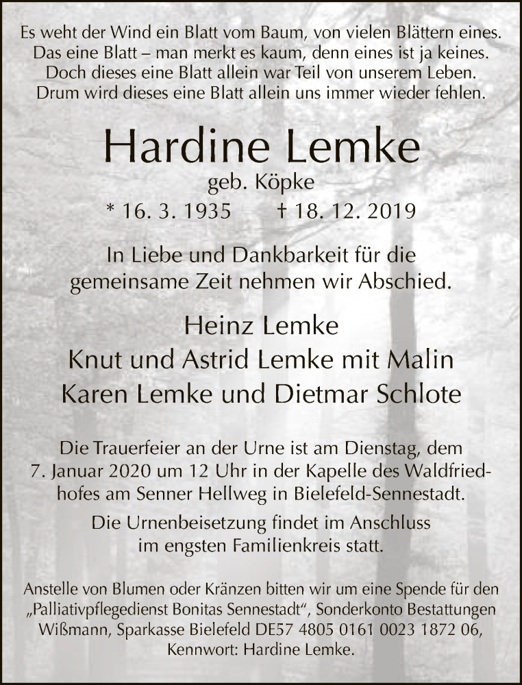  Traueranzeige für Hardine Lemke vom 28.12.2019 aus Neue Westfälische