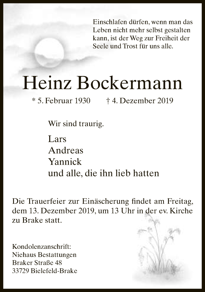  Traueranzeige für Heinz Bockermann vom 07.12.2019 aus Neue Westfälische